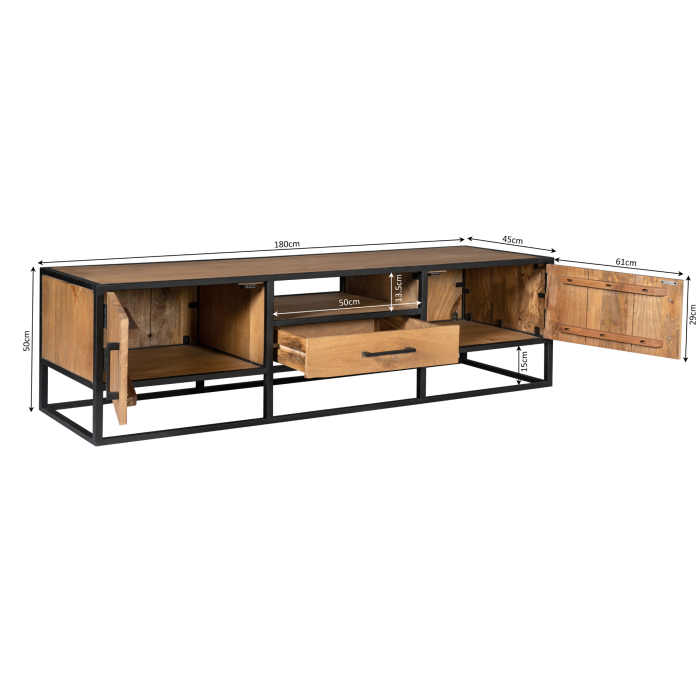 Tv-meubel Denver | Mangohout en staal | 180 cm - Afbeelding 8