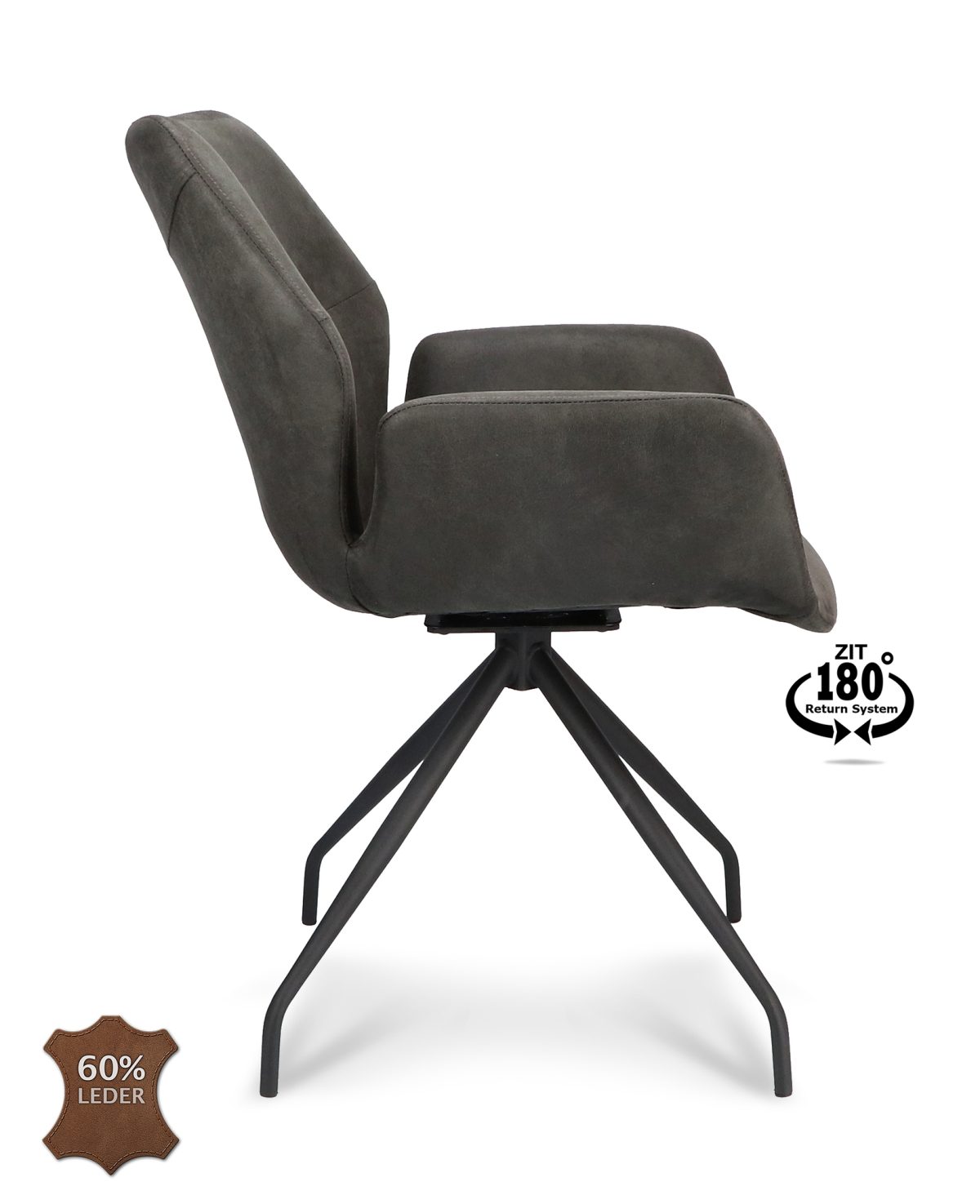 Armstoel Valley Microleder Bull Antraciet 67 Spinpoot Zwart 180° Retoursysteem - Afbeelding 3