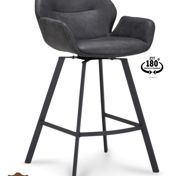 Barkruk met arm Luton - ZH 65 Microleder Bull Anthracite 67 Poot Black 180° Return-systeem
