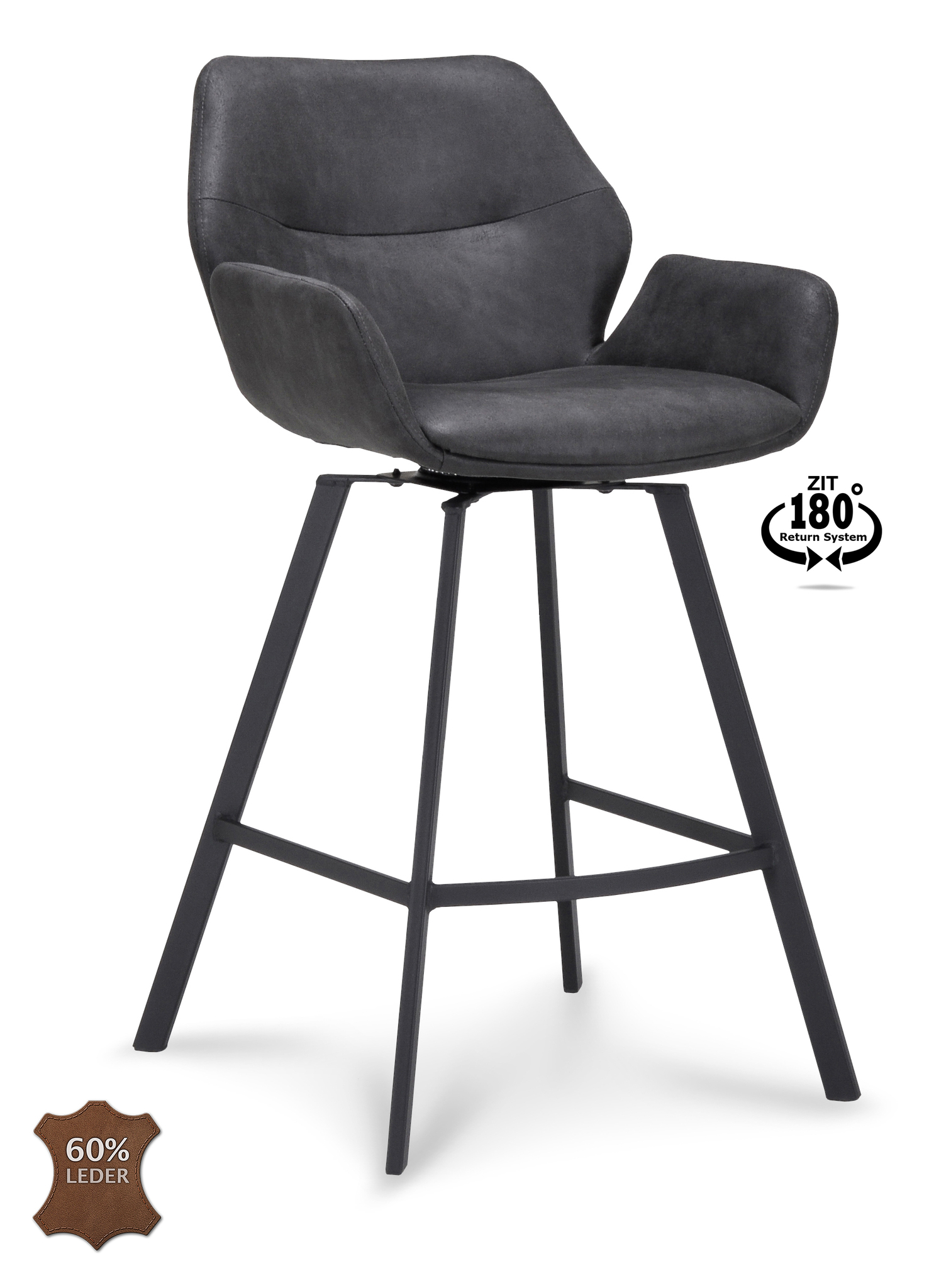 1322833-0.jpg Barkruk met arm Luton - ZH 65 Microleder Bull Anthracite 67 Poot Black 180° Return-systeem - Afbeelding 1