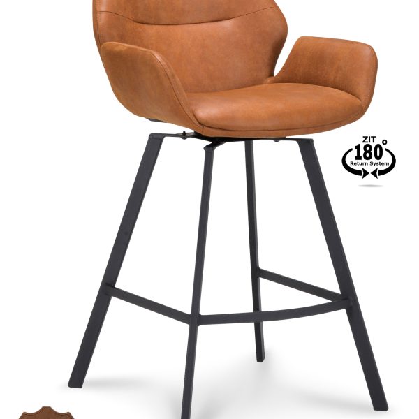 Barkruk met arm Luton - ZH 65 Microleder Bull Camel 09 Poot Black 180° Return-systeem