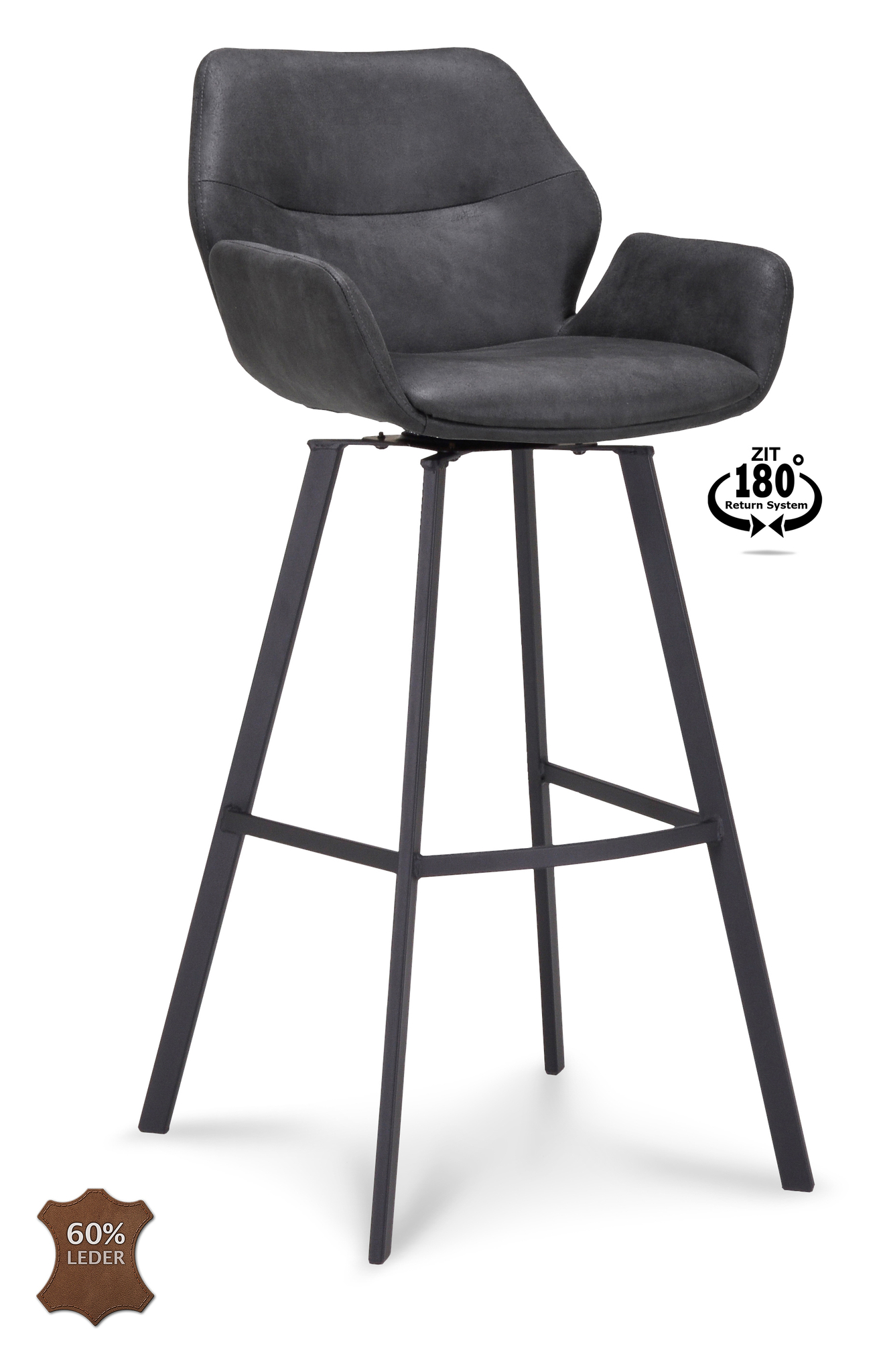 1322837-0.jpg Barkruk met arm Luton - ZH 80 Microleder Bull Anthracite 67 Poot Black 180° Return-systeem - Afbeelding 1