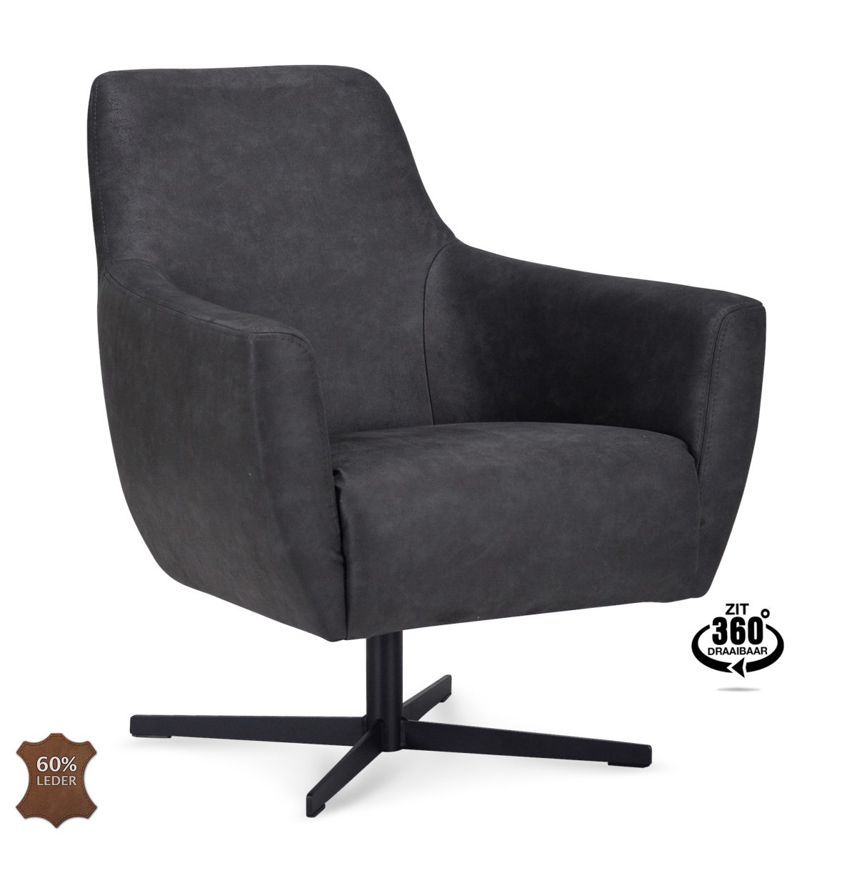 Fauteuil Harbour Microleder Bull Antraciet 67 Poot Zwart 360° Draaibaar - Afbeelding 1