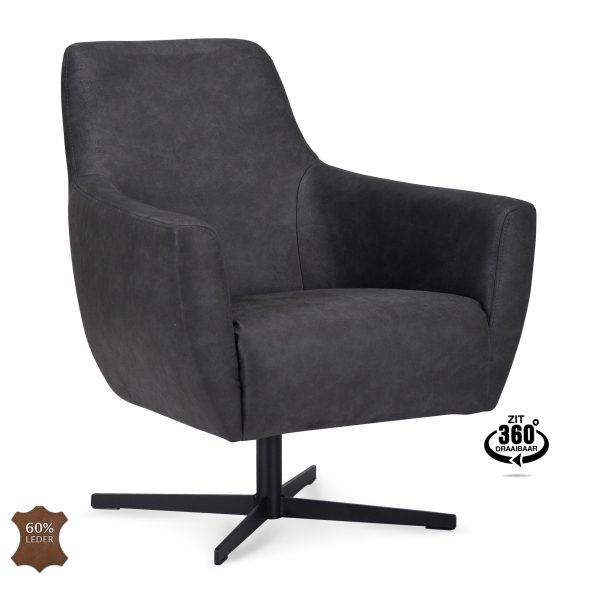 Fauteuil Harbour Microleder Bull Antraciet 67 Poot Zwart 360° Draaibaar