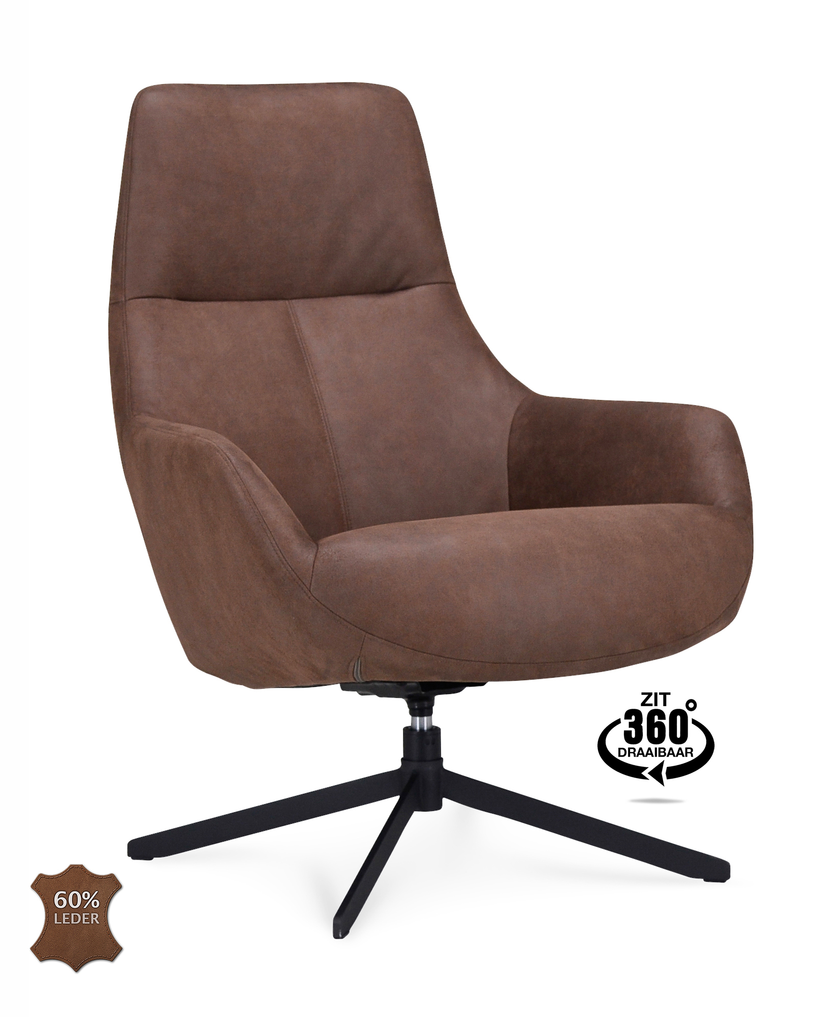 1409820-0.jpg Lounge chair Vancouver Microleer Bull Brown 15 Leg Black 360° Rotatable - Afbeelding 1