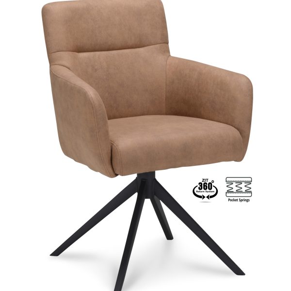 Armstoel Maeve Stof Cowboy 801 Mocca Poot Zwart 360° Retoursysteem