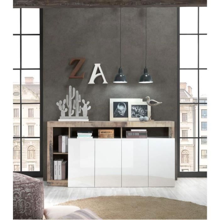 20903008P-0.jpg Dressoir met 4 deuren - glanzend gelakt wit en vintage houtimitatie - L 184 x D 42 x H 93 cm - MAESTRO - Afbeelding 1