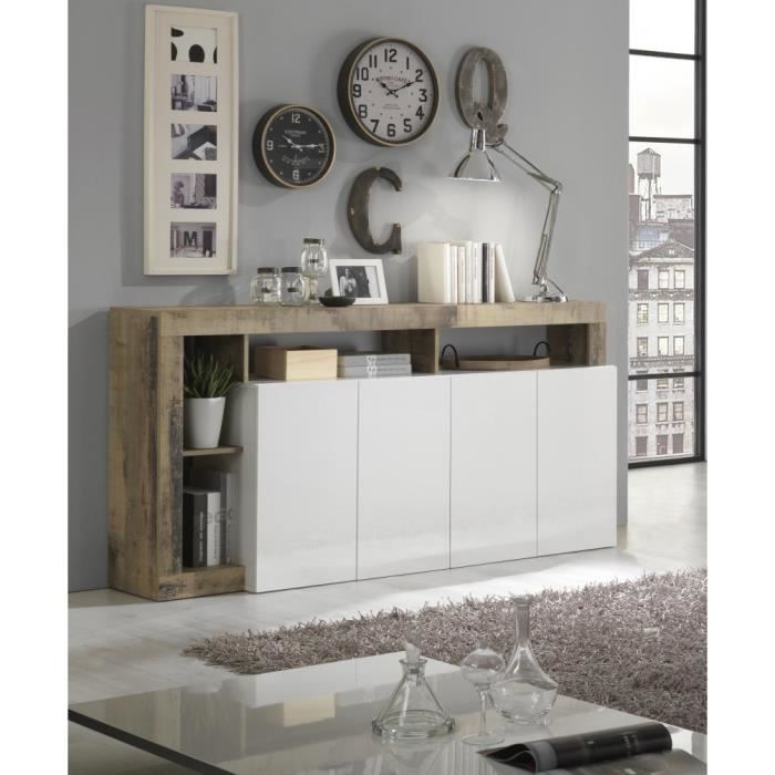 20903008P-1.jpg Dressoir met 4 deuren - glanzend gelakt wit en vintage houtimitatie - L 184 x D 42 x H 93 cm - MAESTRO - Afbeelding 2