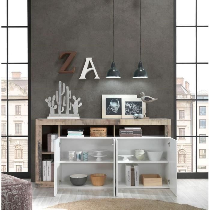 20903008P-2.jpg Dressoir met 4 deuren - glanzend gelakt wit en vintage houtimitatie - L 184 x D 42 x H 93 cm - MAESTRO - Afbeelding 3