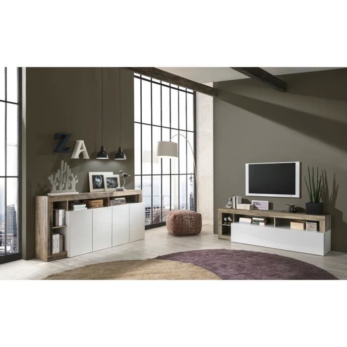 20903008P-3.jpg Dressoir met 4 deuren - glanzend gelakt wit en vintage houtimitatie - L 184 x D 42 x H 93 cm - MAESTRO - Afbeelding 4