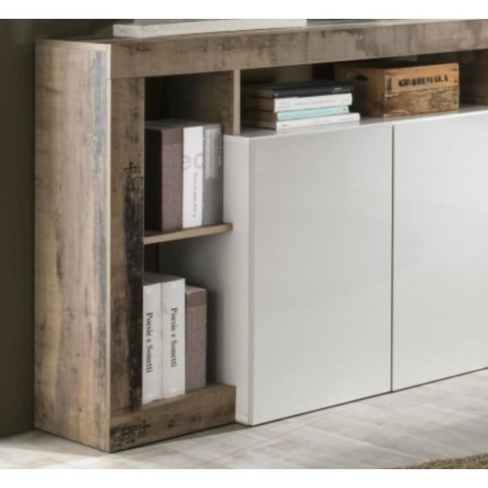 20903008P-4.jpg Dressoir met 4 deuren - glanzend gelakt wit en vintage houtimitatie - L 184 x D 42 x H 93 cm - MAESTRO - Afbeelding 5