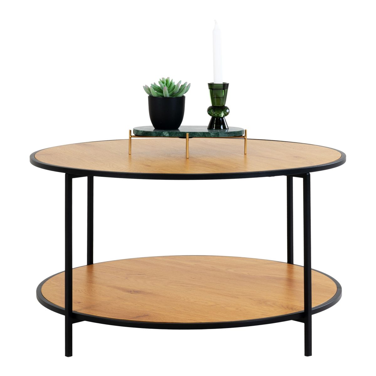 Salontafel Vita - Ronde salontafel met zwart frame en eikenhouten bladen Ã˜80x45 cm - Afbeelding 1