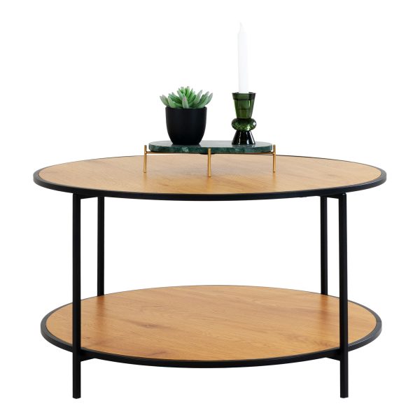 Salontafel Vita - Ronde salontafel met zwart frame en eikenhouten bladen Ø80x45 cm