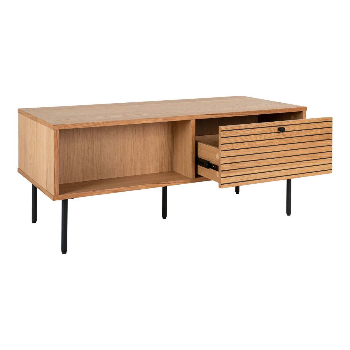 Salontafel Kyoto - Salontafel, eiken fineer, zwarte metalen poten, 2 laden 50x100x45 cm - Afbeelding 2