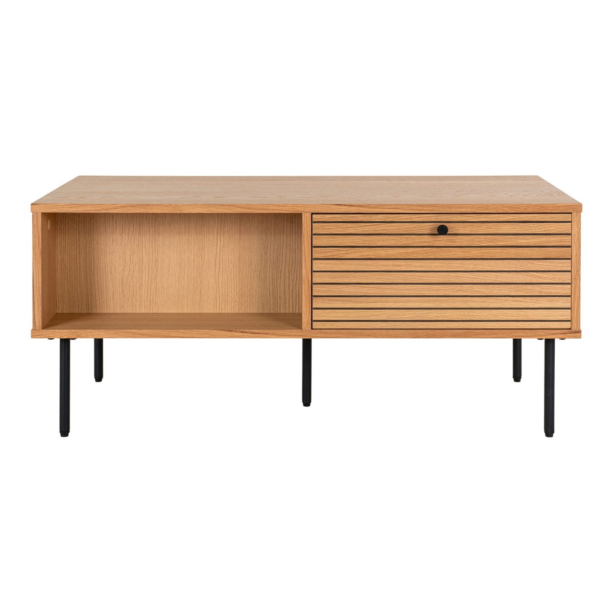 Salontafel Kyoto - Salontafel, eiken fineer, zwarte metalen poten, 2 laden 50x100x45 cm - Afbeelding 3