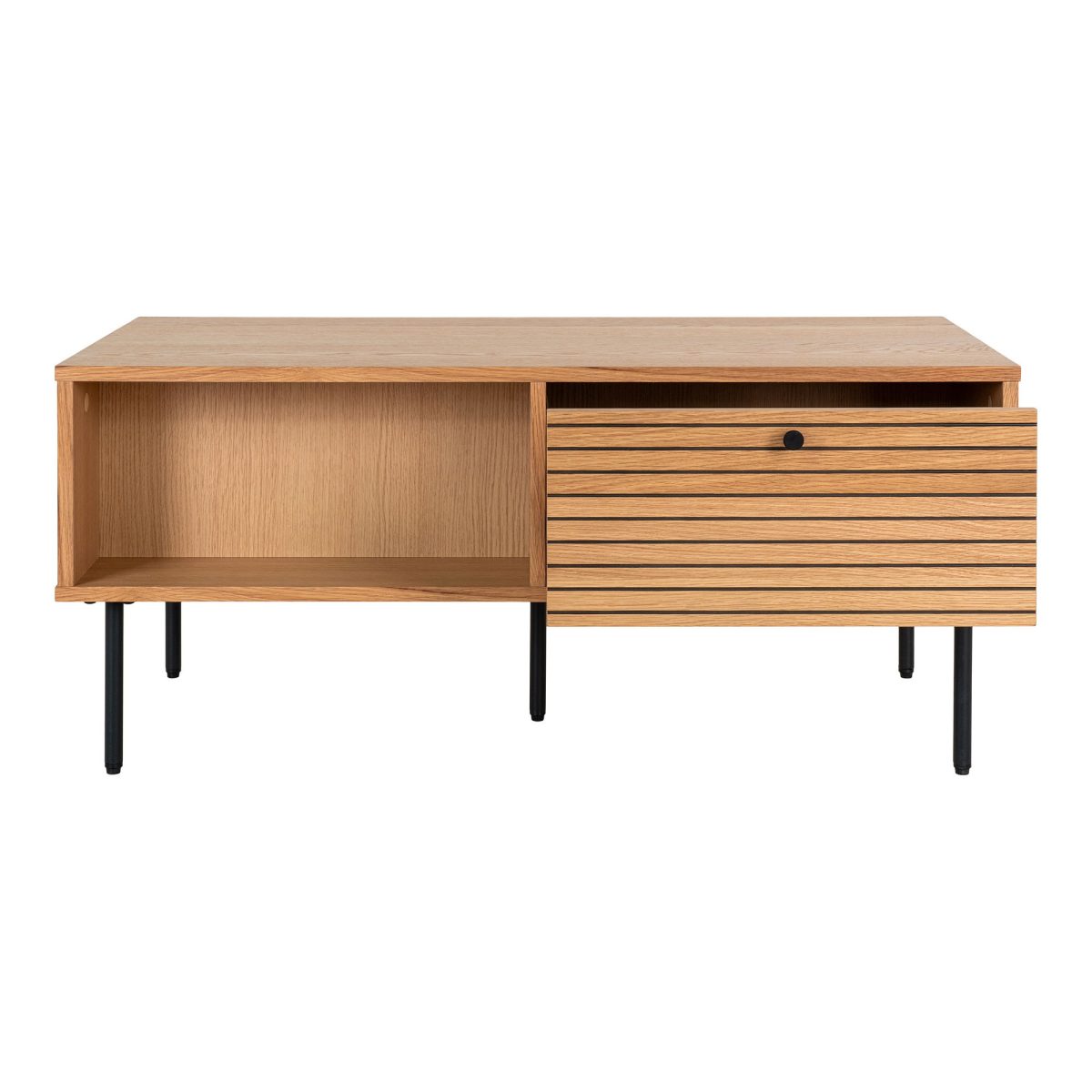 Salontafel Kyoto - Salontafel, eiken fineer, zwarte metalen poten, 2 laden 50x100x45 cm - Afbeelding 4
