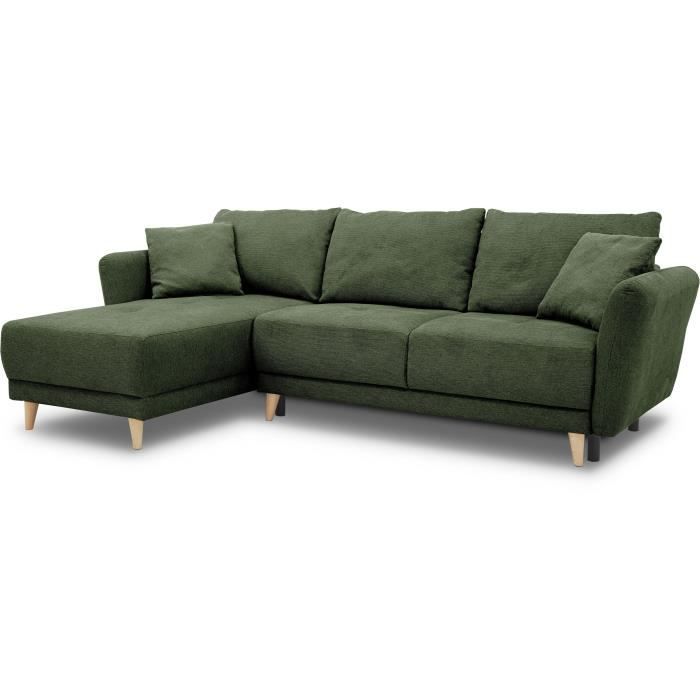 A107411-2.jpg Omkeerbare converteerbare hoekbank 3-4 zitplaatsen Claudius - Olijfgroene stof - Opbergdoos - L 244 x D 158 x H 95 cm - Afbeelding 3