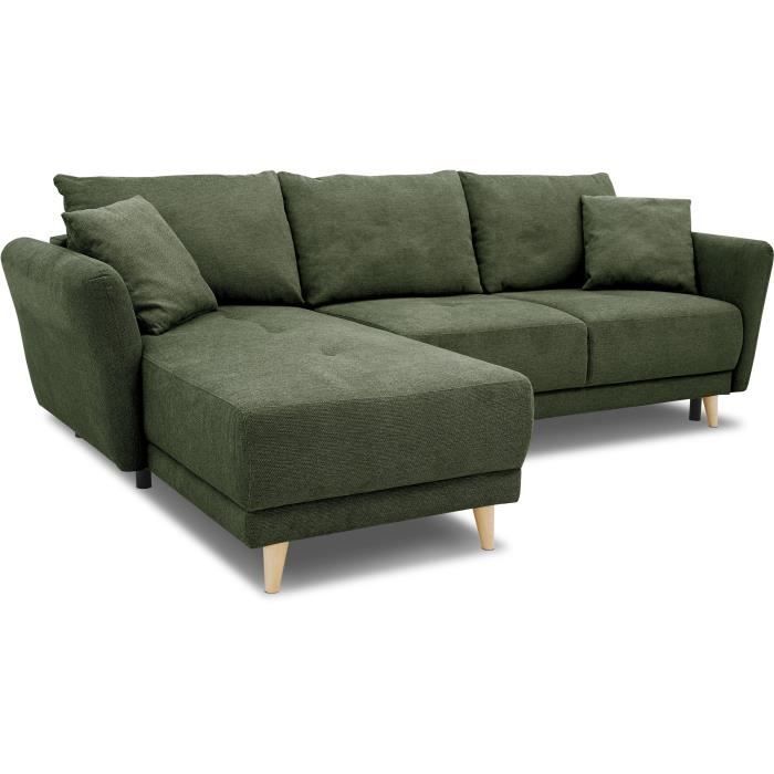 A107411-4.jpg Omkeerbare converteerbare hoekbank 3-4 zitplaatsen Claudius - Olijfgroene stof - Opbergdoos - L 244 x D 158 x H 95 cm - Afbeelding 5