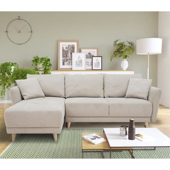 A107419-1.jpg Omkeerbare converteerbare hoekbank 3-4 zitplaatsen Claudius - Beige stof - opbergkist - L 244 x D 158 x H 95 cm - Afbeelding 2