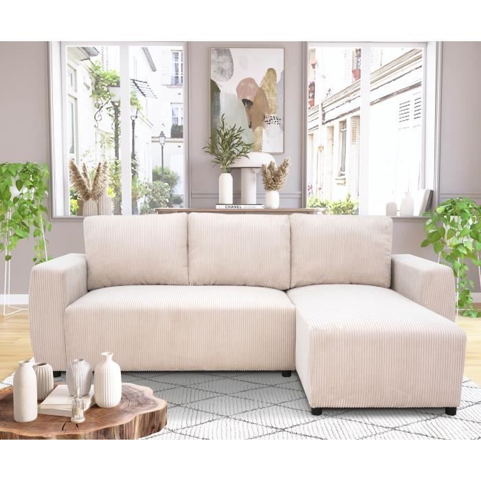 A108301-1.jpg Omkeerbare converteerbare hoekbank 3-4 PLAATS PHARELL - Beige geribbelde fluweel - opbergdoos - l 230x p 155 x H 71-95 cm - Afbeelding 2