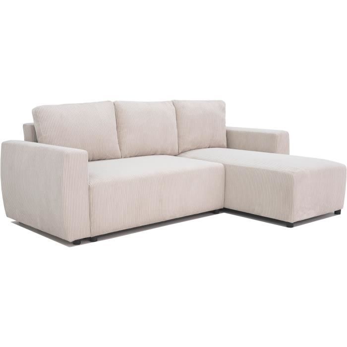 A108301-2.jpg Omkeerbare converteerbare hoekbank 3-4 PLAATS PHARELL - Beige geribbelde fluweel - opbergdoos - l 230x p 155 x H 71-95 cm - Afbeelding 3