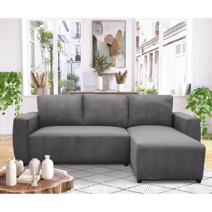 A108468-1.jpg PHARELL omkeerbare 3-4-zits converteerbare hoekbank - Antraciet ribfluweel - Opbergdoos - L224 x D155 x H85 cm - Afbeelding 2