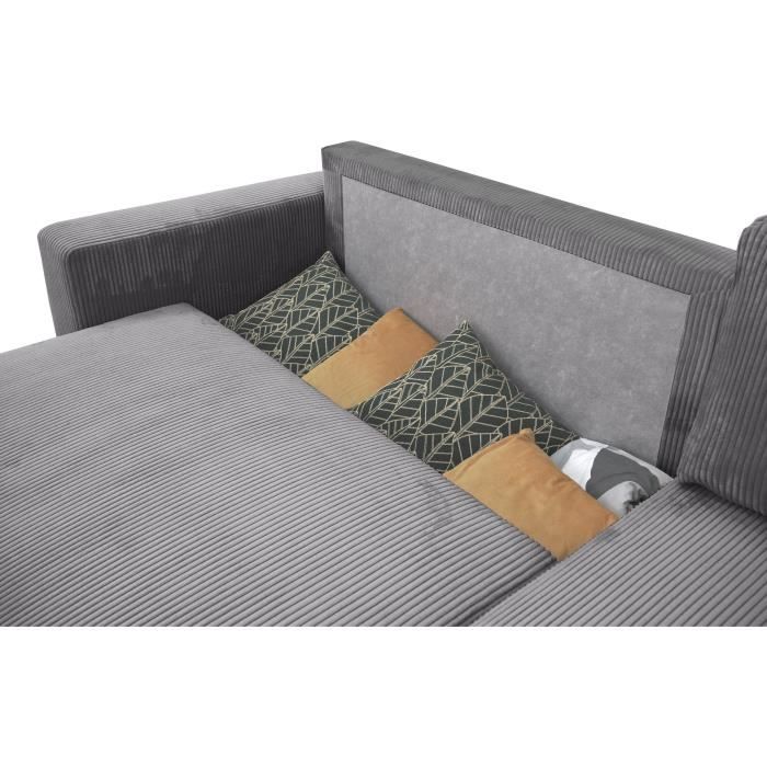 A108468-4.jpg PHARELL omkeerbare 3-4-zits converteerbare hoekbank - Antraciet ribfluweel - Opbergdoos - L224 x D155 x H85 cm - Afbeelding 5