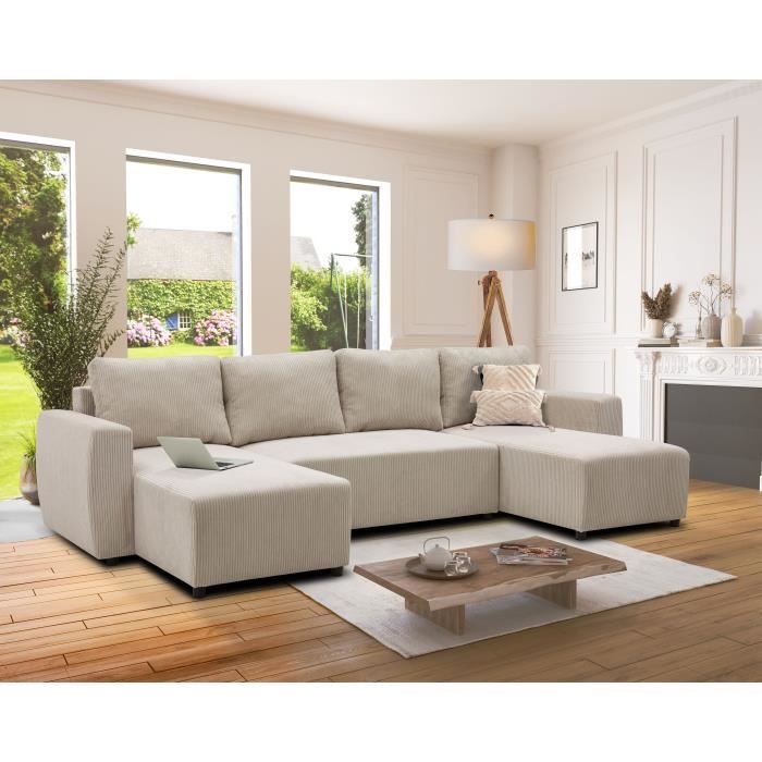 A126144-1.jpg PHARELL 5/6-zits panoramische converteerbare hoekbank - Parel corduroy stof - Opbergdoos - L297 x D155 x H71/85 - Afbeelding 2