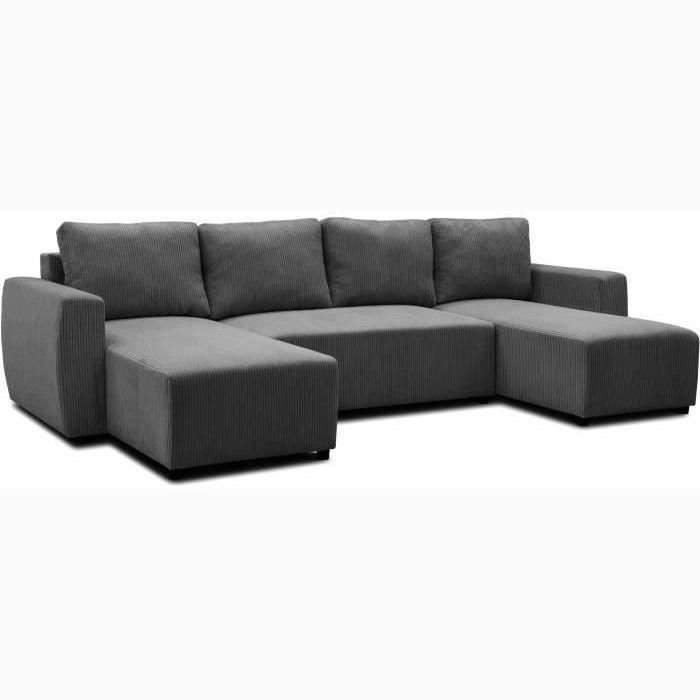 A126149-0.jpg PHARELL 5/6-zits panoramische converteerbare hoekbank - Antraciet ribfluweel stof - Opbergdoos - L297 x P155 x H7 - Afbeelding 1