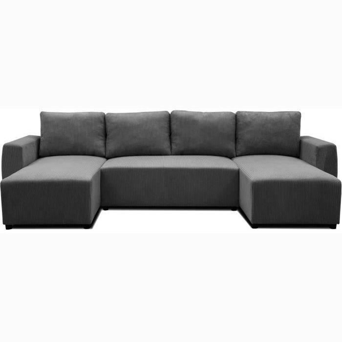 A126149-2.jpg PHARELL 5/6-zits panoramische converteerbare hoekbank - Antraciet ribfluweel stof - Opbergdoos - L297 x P155 x H7 - Afbeelding 3
