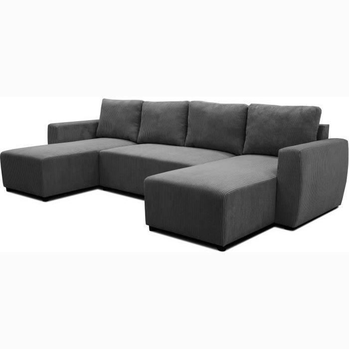 A126149-3.jpg PHARELL 5/6-zits panoramische converteerbare hoekbank - Antraciet ribfluweel stof - Opbergdoos - L297 x P155 x H7 - Afbeelding 4