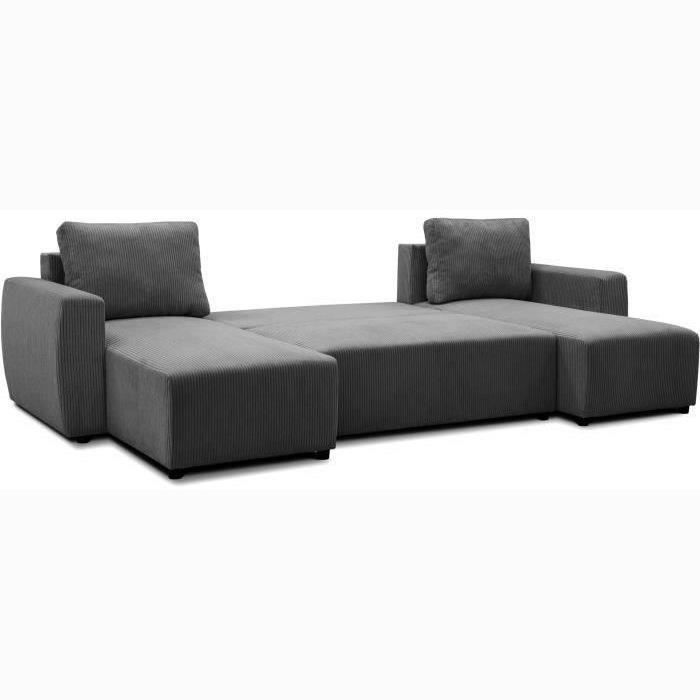 A126149-4.jpg PHARELL 5/6-zits panoramische converteerbare hoekbank - Antraciet ribfluweel stof - Opbergdoos - L297 x P155 x H7 - Afbeelding 5