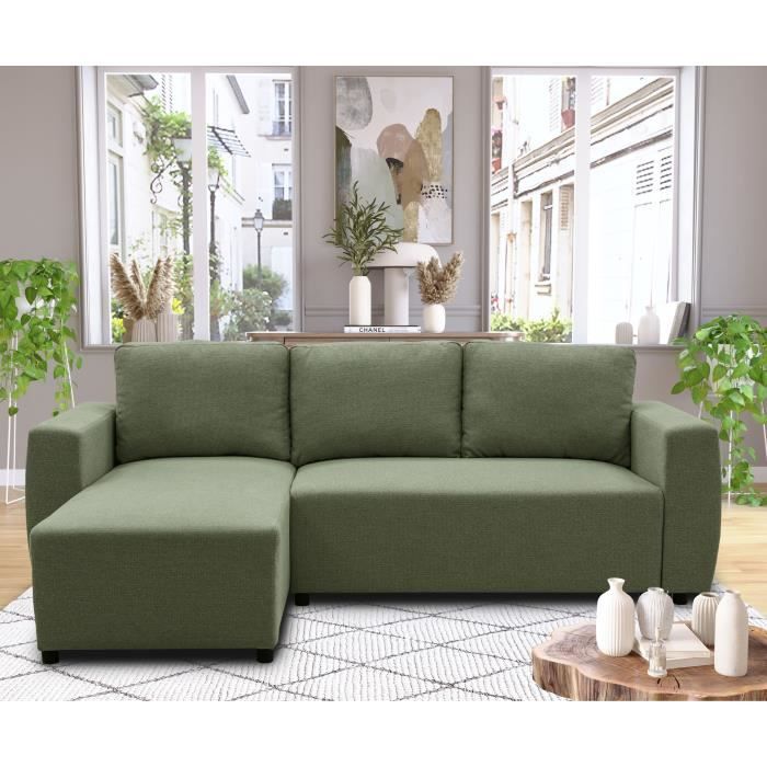 A126224-1.jpg Omkeerbare hoekbank 3 tot 4 plaatsen - PHARELL - Olijfkleurige stof - Opbergdoos - L 224 x D 155 x H 71/85 cm - Afbeelding 2