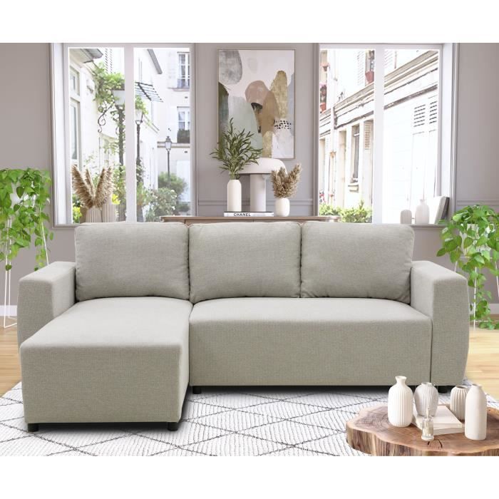 A126228-1.jpg Omkeerbare hoekbank 3 tot 4 plaatsen - PHARELL - Beige stof - Opbergdoos - L 224 x D 155 x H 71/85 cm - Afbeelding 2