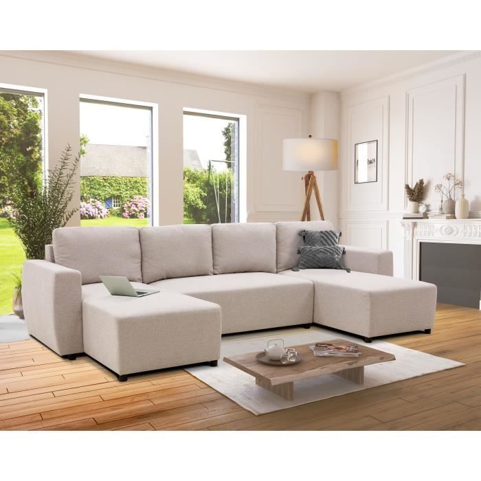 A126245-2.jpg PHARELL 5/6-zits panoramische converteerbare hoekbank - Beige stof - Opbergdoos - L297 x D155 x H71/85 cm - Afbeelding 3