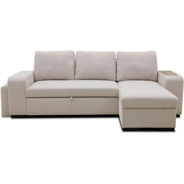 VALDO Omkeerbare hoekbank 3 tot 4 plaatsen - Beige stof - Tablet met USB - Doos + Poef - L247xP143xH86 cm