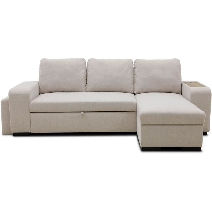 A126255-0.jpg VALDO Omkeerbare hoekbank 3 tot 4 plaatsen - Beige stof - Tablet met USB - Doos + Poef - L247xP143xH86 cm - Afbeelding 1