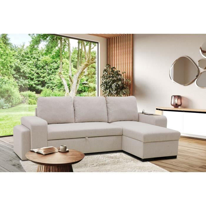 A126255-1.jpg VALDO Omkeerbare hoekbank 3 tot 4 plaatsen - Beige stof - Tablet met USB - Doos + Poef - L247xP143xH86 cm - Afbeelding 2