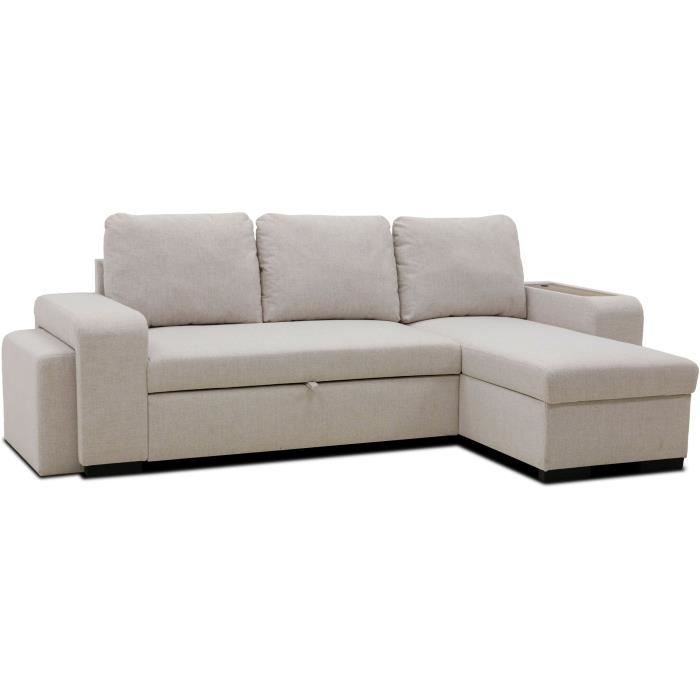 A126255-2.jpg VALDO Omkeerbare hoekbank 3 tot 4 plaatsen - Beige stof - Tablet met USB - Doos + Poef - L247xP143xH86 cm - Afbeelding 3