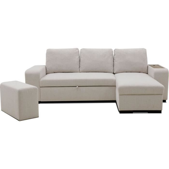 A126255-3.jpg VALDO Omkeerbare hoekbank 3 tot 4 plaatsen - Beige stof - Tablet met USB - Doos + Poef - L247xP143xH86 cm - Afbeelding 4