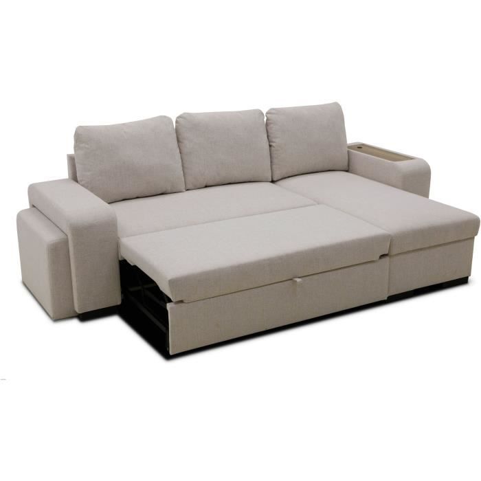 A126255-4.jpg VALDO Omkeerbare hoekbank 3 tot 4 plaatsen - Beige stof - Tablet met USB - Doos + Poef - L247xP143xH86 cm - Afbeelding 5