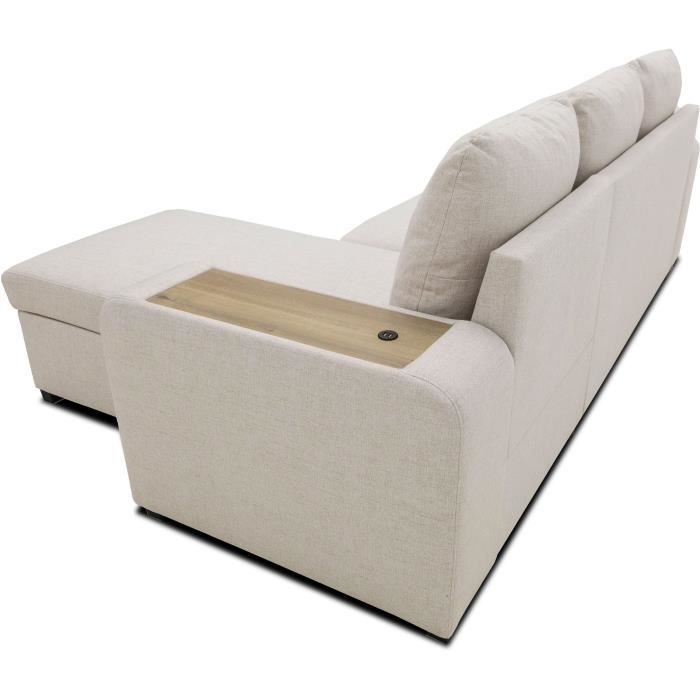 A126255-5.jpg VALDO Omkeerbare hoekbank 3 tot 4 plaatsen - Beige stof - Tablet met USB - Doos + Poef - L247xP143xH86 cm - Afbeelding 6