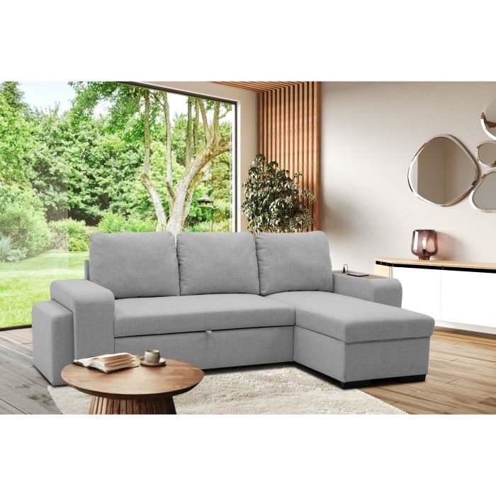A126256-1.jpg VALDO Omkeerbare hoekbank 3 tot 4 plaatsen - Muisstof - Tablet met USB - Doos + Poef - L247xD143xH86 cm - Afbeelding 2