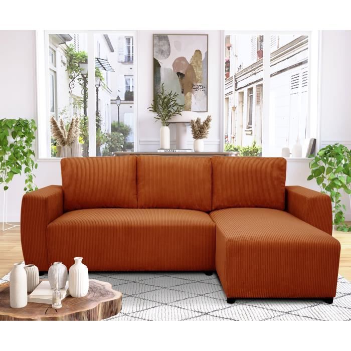 A131457-1.jpg PHARELL hoekbank 3 tot 4 plaatsen - Terracotta ribfluweel stof - Omkeerbaar - L 224 x D 155 x H 85 cm - Afbeelding 2