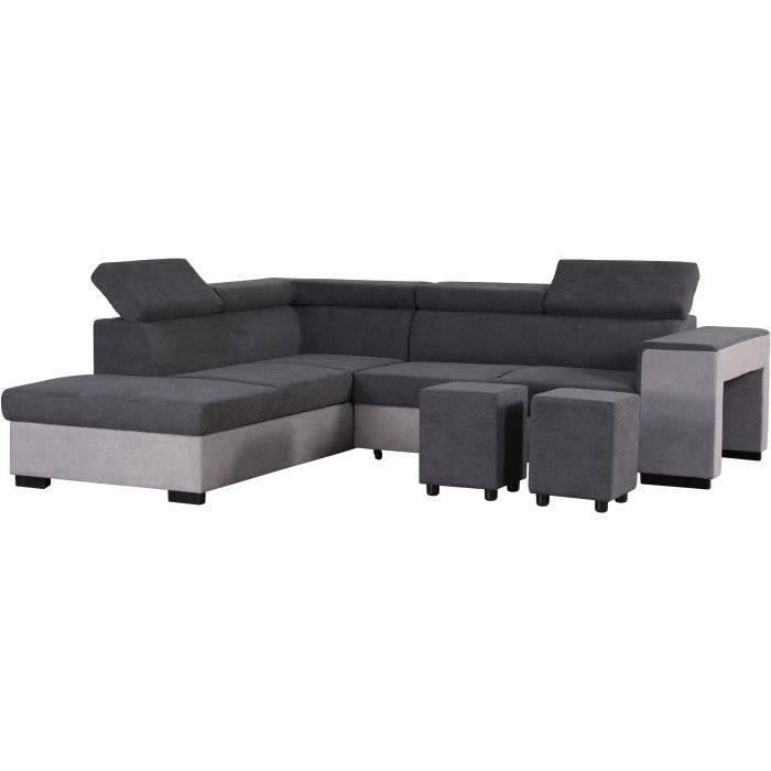 ARMSTRONGANGCGG-1.jpg ARMSTRONG Converteerbare 5-zits hoekslaapbank links - Witte imitatie en lichtgrijze stof - B 271 x D 220 x H 77 cm - Afbeelding 2