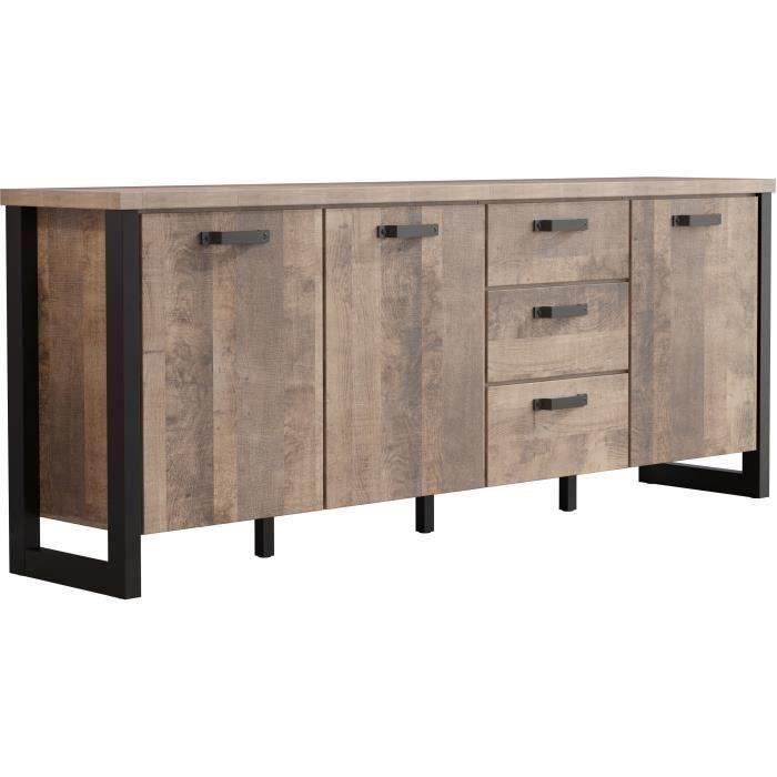 AUC1686839048858-0.jpg EMILE dressoir - Tabaksbruin eiken en matzwarte melamine - 3 deuren + 3 lades - L214 x D45 x H86 cm - TRENDTEAM - Afbeelding 1