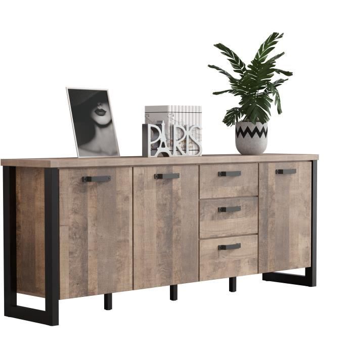 AUC1686839048858-2.jpg EMILE dressoir - Tabaksbruin eiken en matzwarte melamine - 3 deuren + 3 lades - L214 x D45 x H86 cm - TRENDTEAM - Afbeelding 3