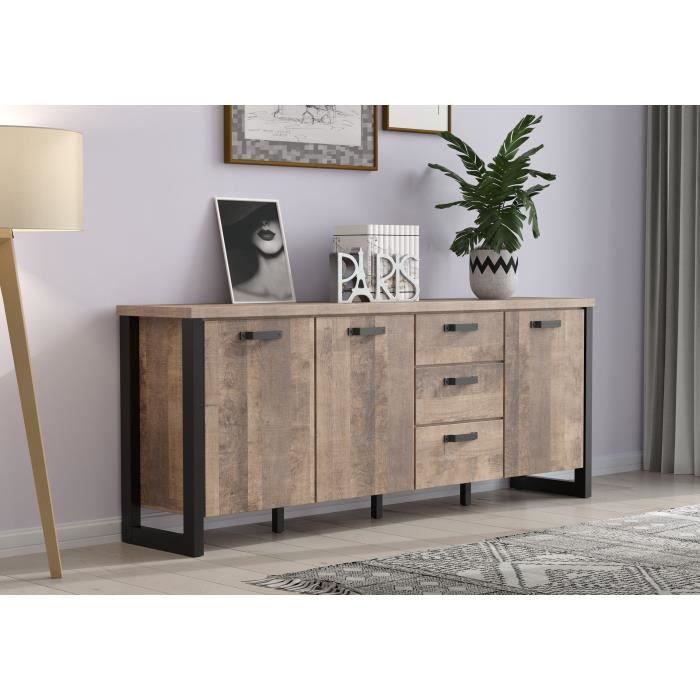 AUC1686839048858-4.jpg EMILE dressoir - Tabaksbruin eiken en matzwarte melamine - 3 deuren + 3 lades - L214 x D45 x H86 cm - TRENDTEAM - Afbeelding 5