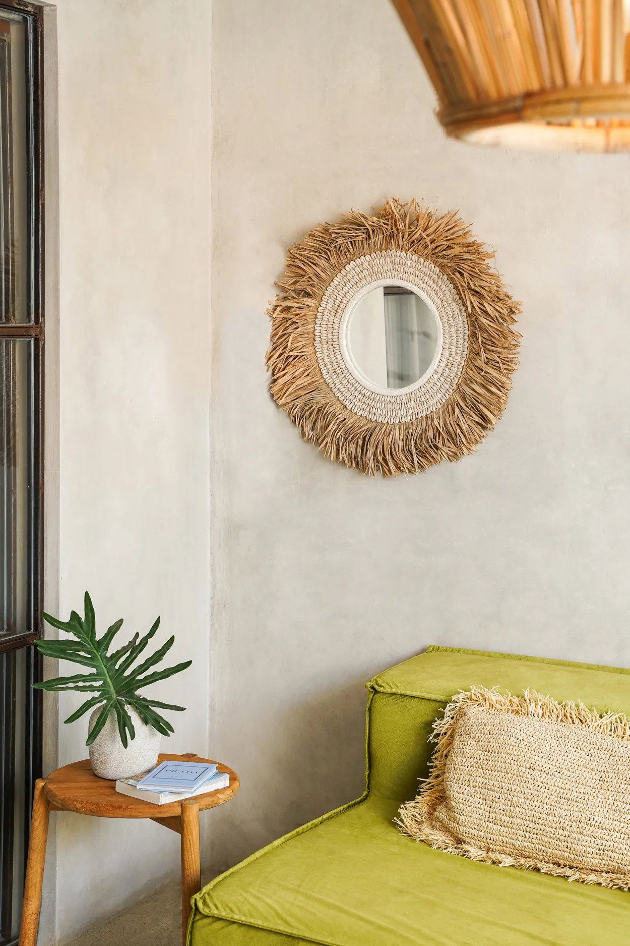 BALE067NW-L-75-3.jpg De Raffia Cowrie Spiegel - Natuurlijk Wit - Afbeelding 4