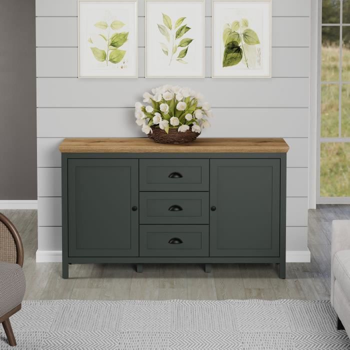 CAL1705628079965-3.jpg Laag dressoir, 2 deuren, 3 laden - L146 cm - 146 cm X 45 cm X 86 cm - STANTON WO - Afbeelding 4